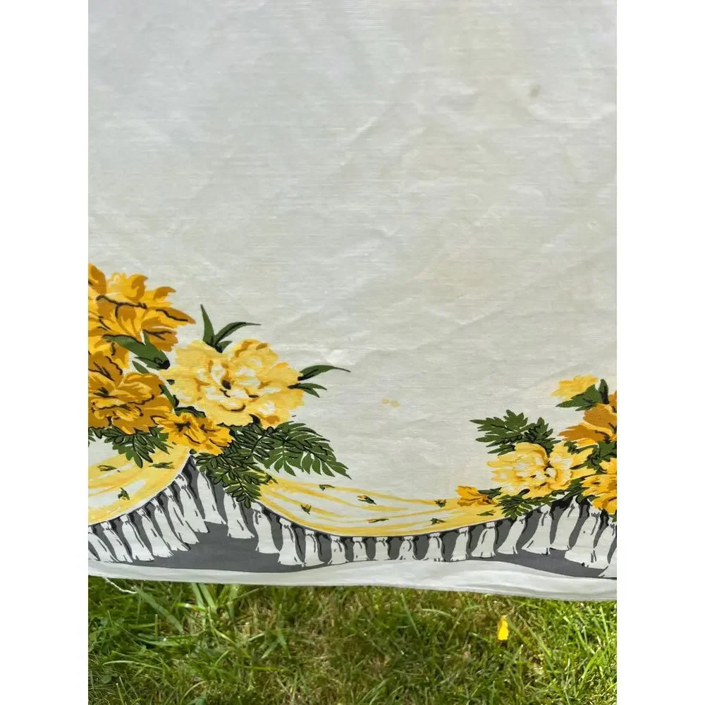 Vintage Yellow and Orange Floral Tablecloth with Swag Fringe Pattern